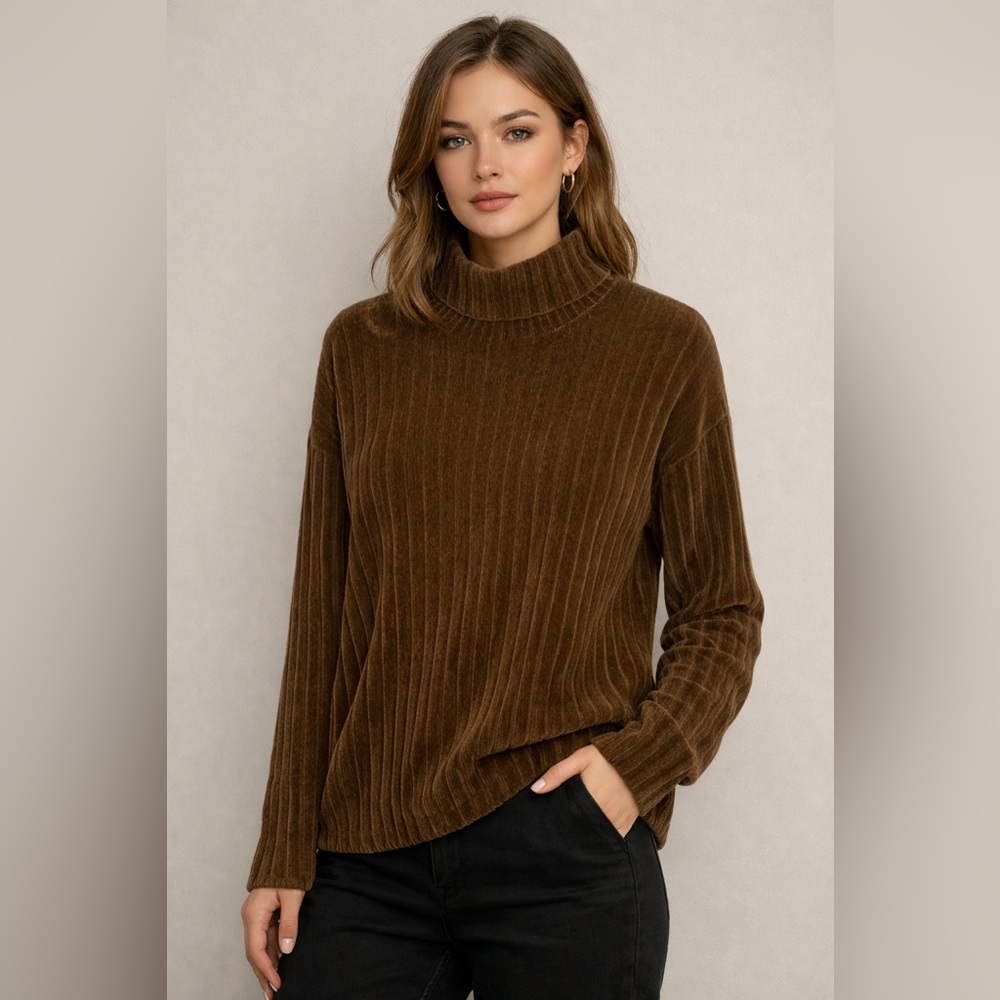 Axis LA Brown Ribbed Turtleneck Top XL 100% Cotton